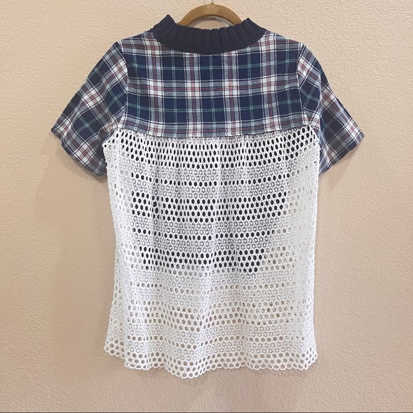 SEA NEW YORK BLUE PLAID/ LACE EYELET CREWNECK TOP BLOUSE SZ M ACCDEMIA PREPPY - Picture 5 of 8